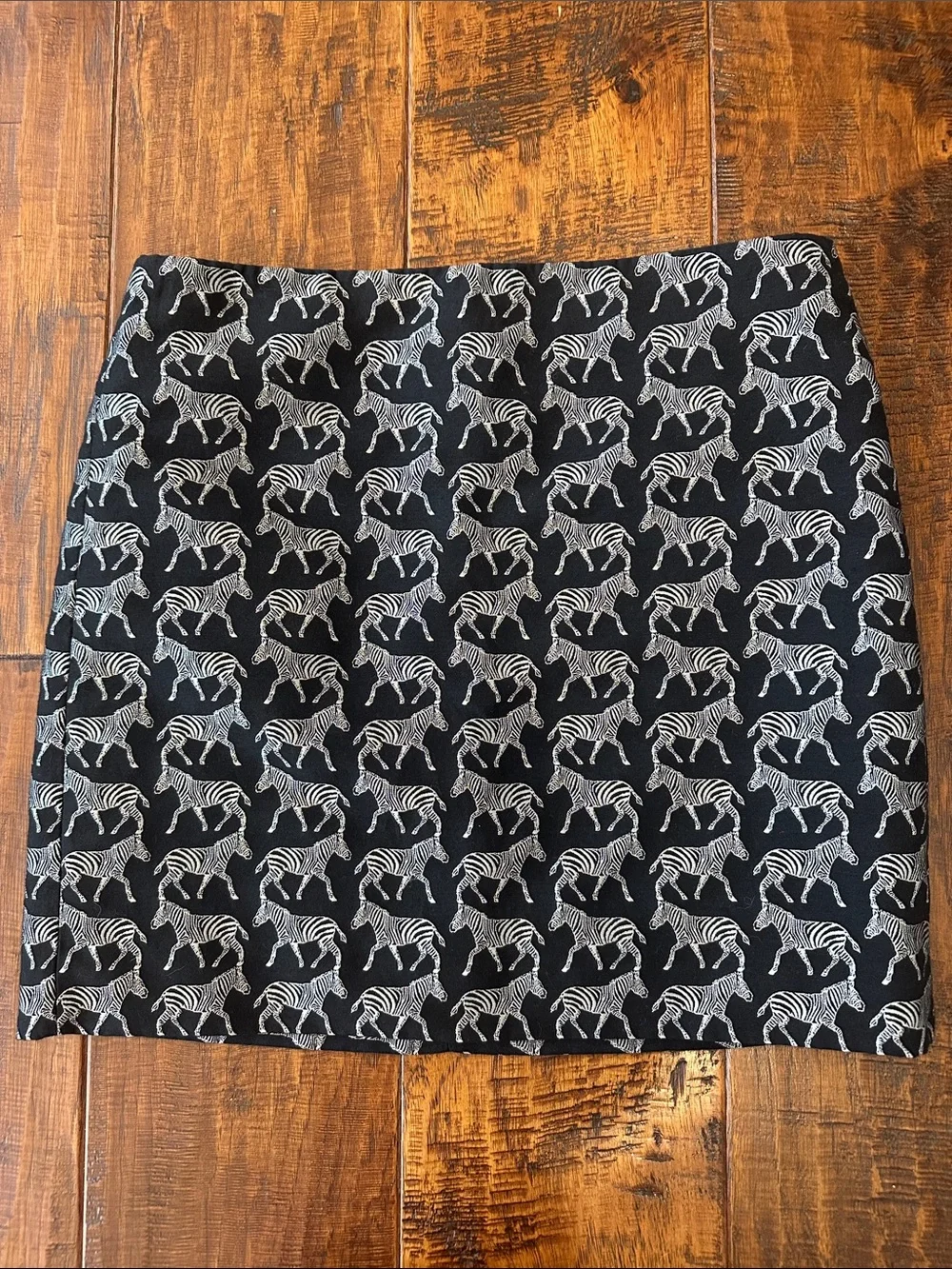 J. Crew Black Mini Skirt w/ Silver Zebra Print and Black Blouse w/ Lace Detail